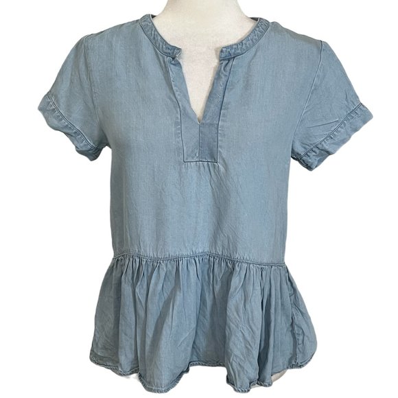 Harper Tops - Harper Women's Top Chambray Short Sleeve Tencel V-Neck Size Small Blouse